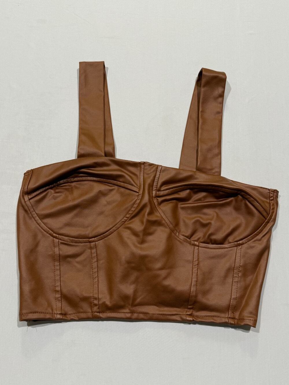 Petalo USA Womens Small Brown Faux Leather Corset Bustier Crop Top Y2K Made USA